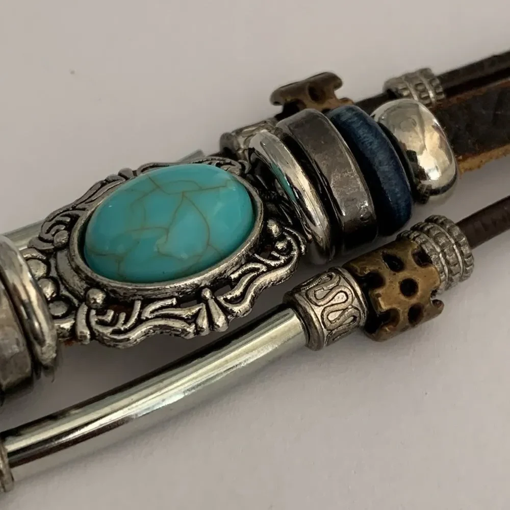 Rugged Western Boho Multi-Strand Bracelet, Faux Turquoise & Brown Leather